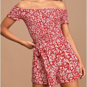 NWT Lulus Red Floral Print Smocked Off-the-Shoulder Romper